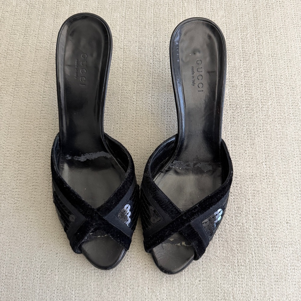 Vintage Gucci Black Open Toe Sequin Heels - Picture 2 of 7